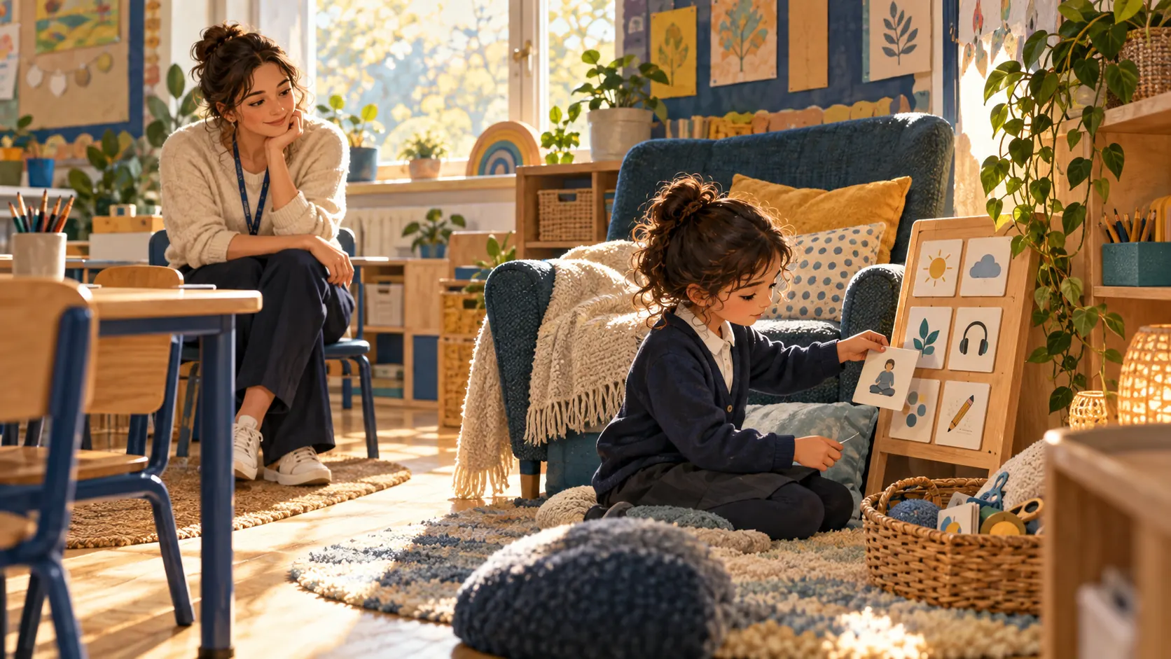 A pupil chooses a quiet activity in a welcoming classroom calm corner while a teacher stays nearby.