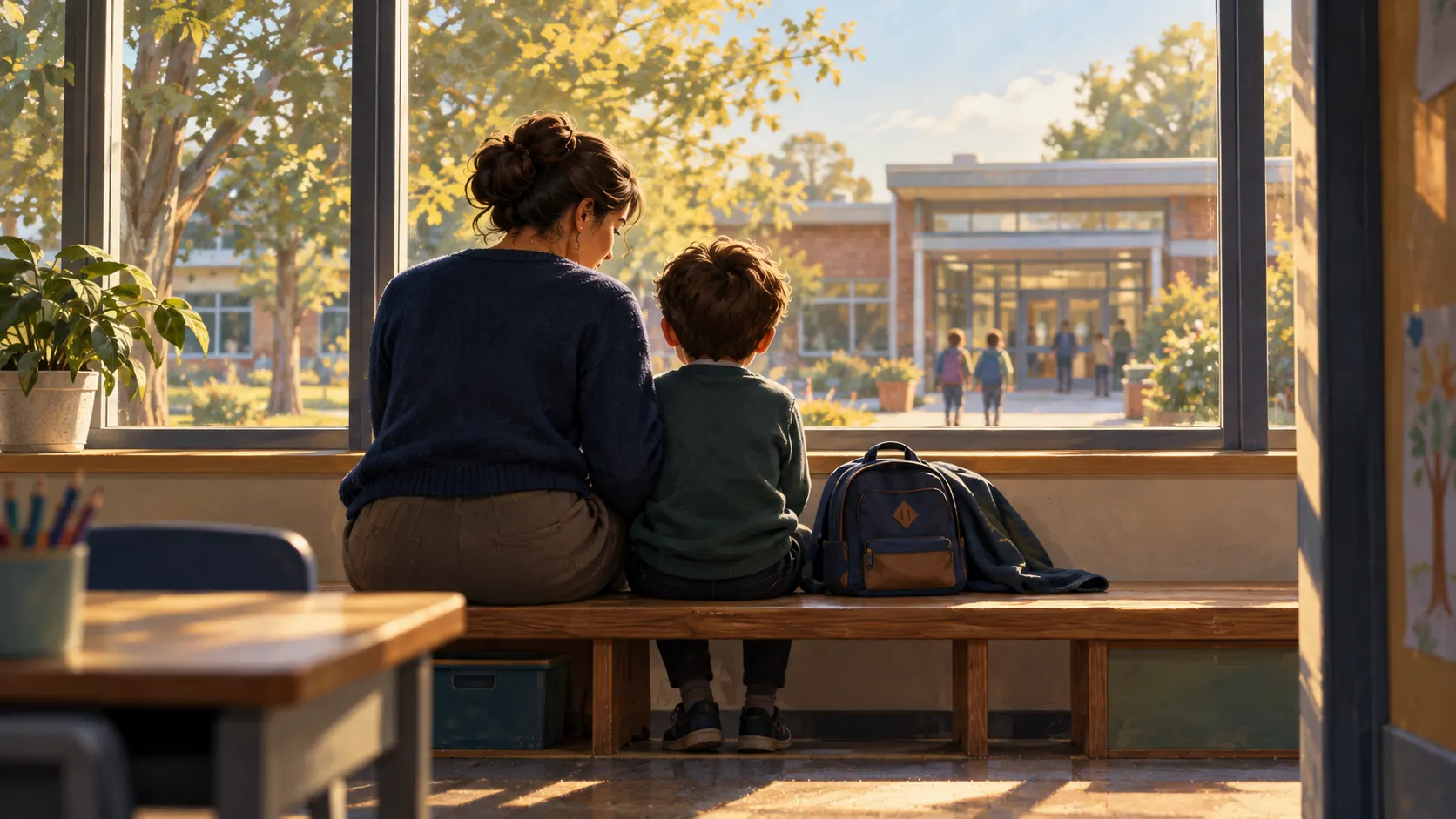 A child sits with a trusted adult beside a school window before the start of the day.