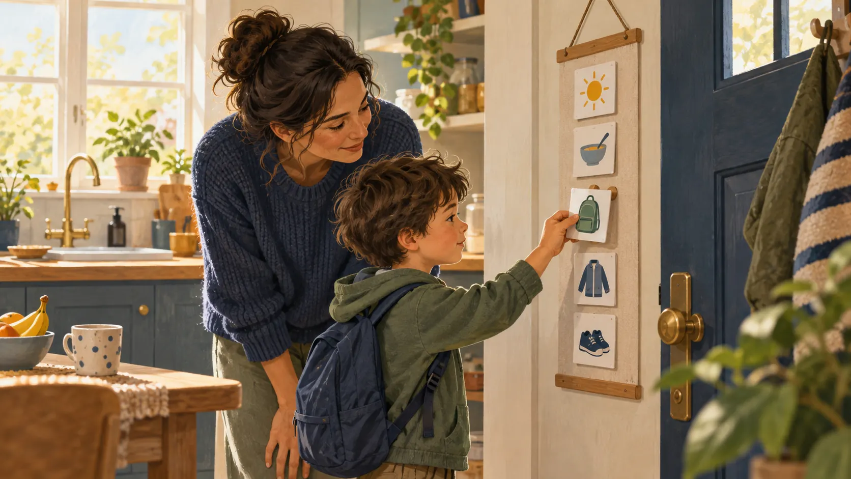 A child and adult use a picture routine together before school.