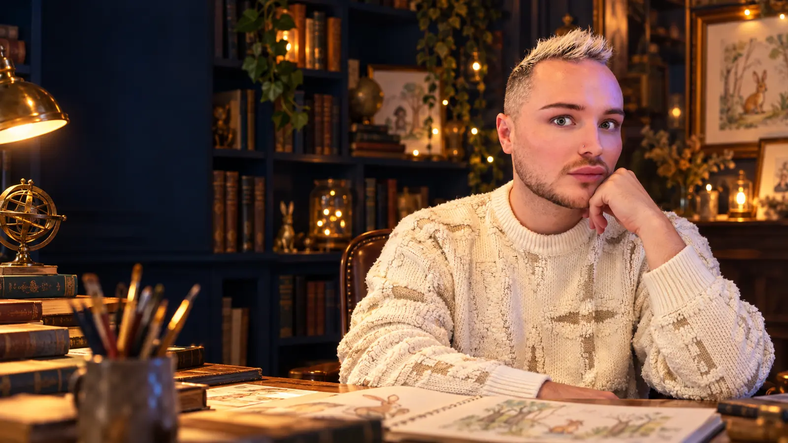 Jonathan Hewston, author and creator of Hewston Higgins, in an imaginative library surrounded by books and characters