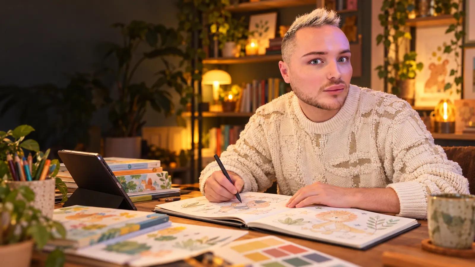 Jonathan Hewston designing children’s books and SEND resources at his writing desk