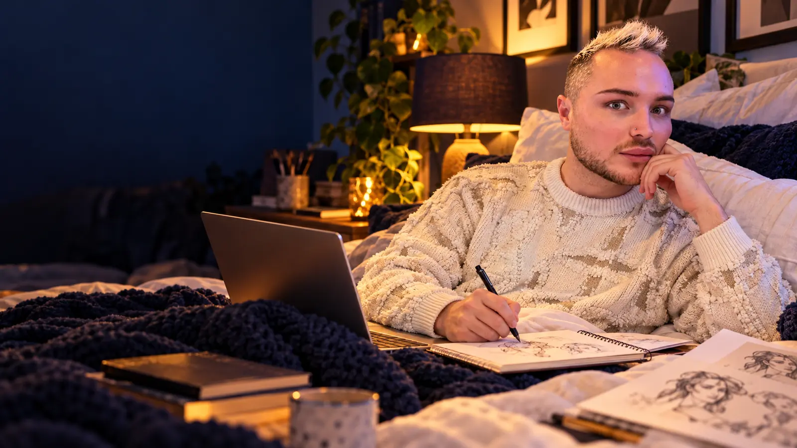 Jonathan Hewston creating books from bed with a laptop, notebook and drawing materials